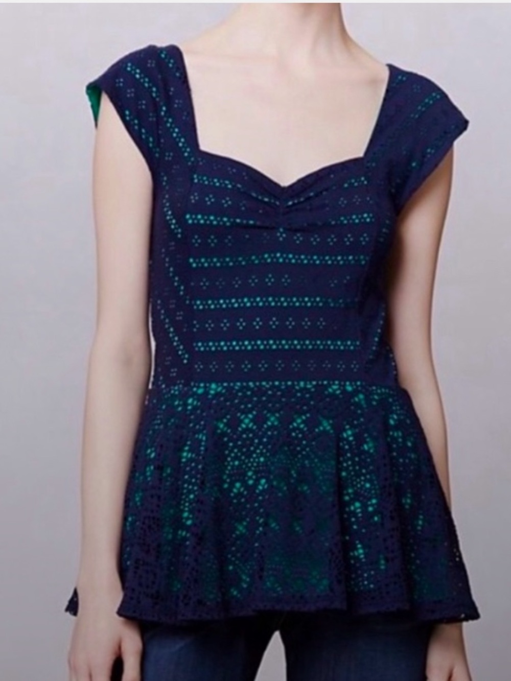 Anthropologie Postmark Navy Peplum Top with Green Underlay size Medium